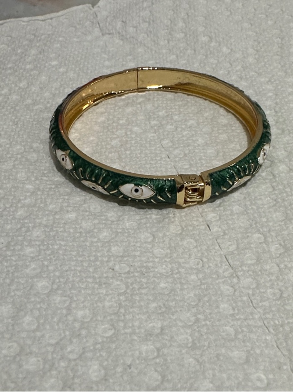 Gold-Tone Green Evil Eye Enamel Hinged Bangle Bracelet
